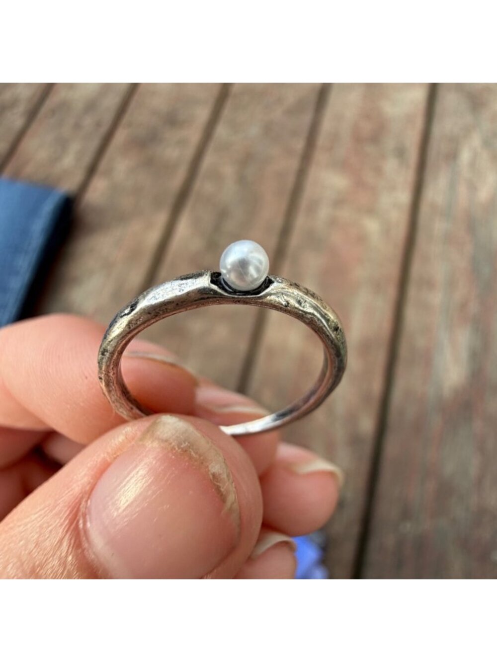 Vintage Pearl Accent Silver Ring With Organic Band Design